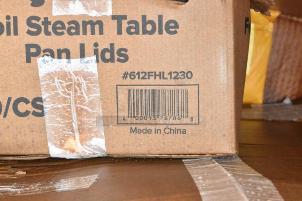 Cardboard box labeled "Foil Steam Table Pan Lids #612FHL1230," barcode visible, made in China.