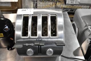 T-fal Avante high-speed stainless steel 4-slice toaster with dial controls, visible wear, label reading "255 1 QTY 1."