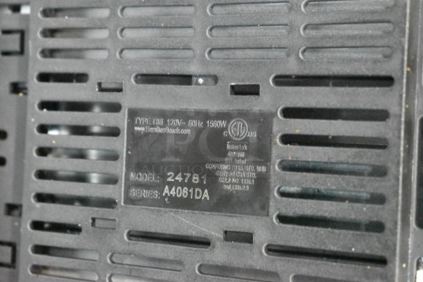 Appliance label showing Hamilton Beach model 24781, series A4061DA; 120V, 60Hz, 1560W; Intertek certified.