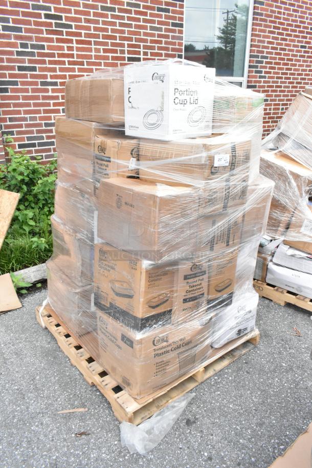 Pallet of sealed boxes containing Choice brand plastic cups and lids. Boxes labeled with product details.