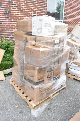 Pallet of sealed boxes containing Choice brand plastic cups and lids. Boxes labeled with product details.