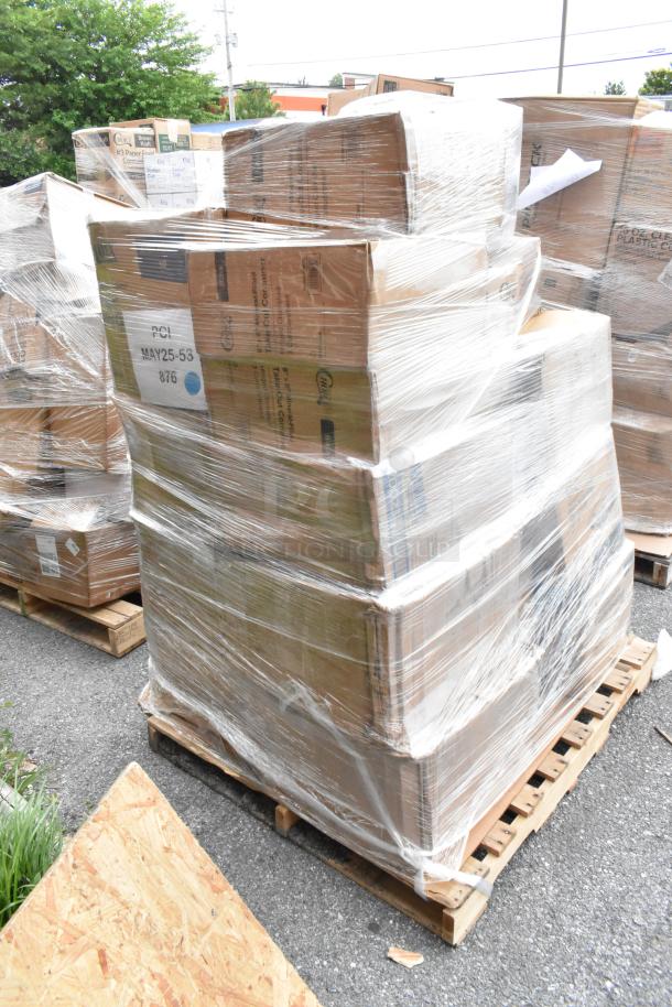 Pallet of boxed items wrapped in plastic, labeled "PCL MAY25-53 876," indicating contents or batch. Stored outdoors, visible cardboard boxes.