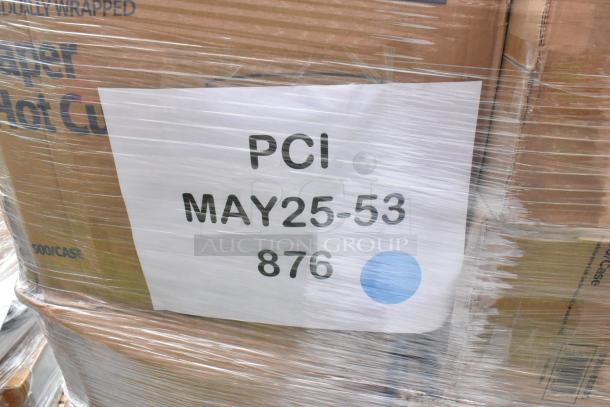 Pallet of boxed paper hot cups, individually wrapped. Label: "PCI MAY25-53 876" with a blue dot. Wrapped in plastic.
