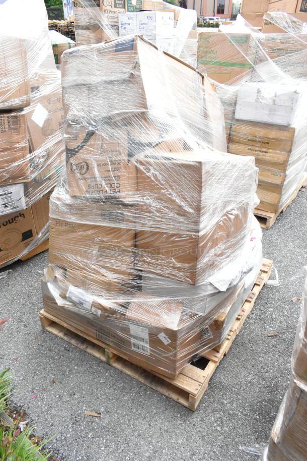 Pallet of assorted boxes wrapped in plastic, labels partially visible, indicating product brands and made in Taiwan.