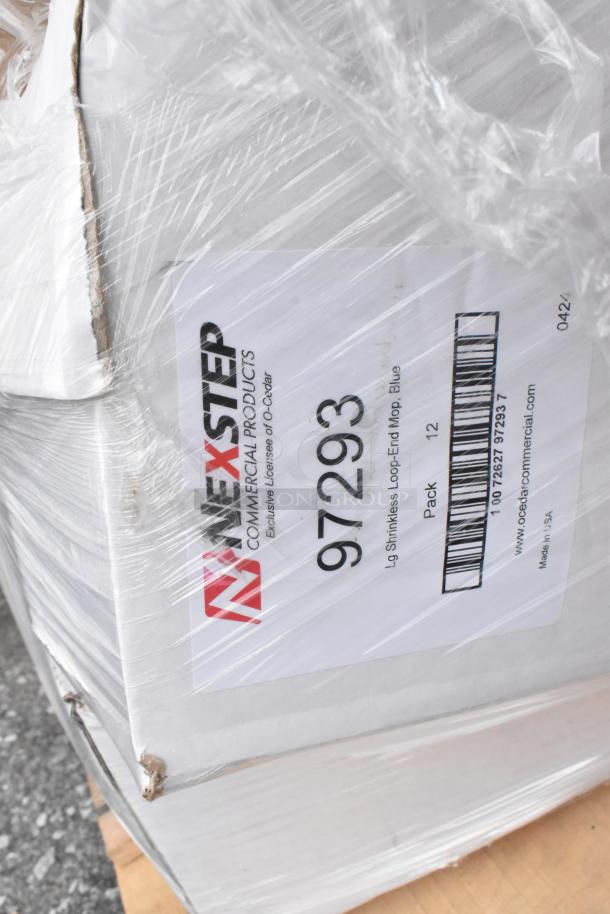 NexStep Commercial Products box of 12 large shrinkless loop-end mops, blue. Packaged and labeled with model 97293.
