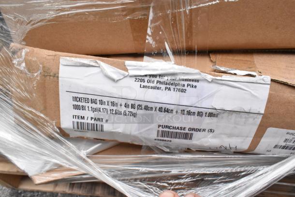 Box of wicked bags, 10x16 inches with 4-inch BG, 1000 per box, 1.1 gal capacity, labeled for Lancaster, PA.