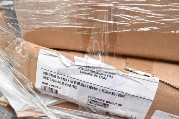 Cardboard boxed wicketed bags, 10x16 inches with 4-inch gusset, sealed in plastic wrap. Label details dimensions and weight.