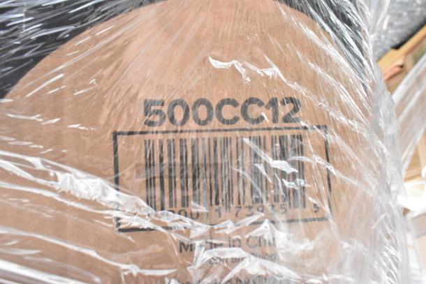 Cardboard box wrapped in plastic showing label "500CC12" with a barcode. Indicates item made in China.