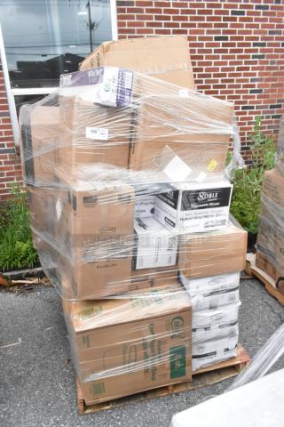Pallet of assorted boxed items, including Noble gloves and DART containers, wrapped in plastic. Boxes show labels and model numbers.