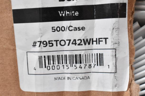 Cardboard box label showing details: White, 500 per case, item #795TO742WHFT, barcode, made in Canada.
