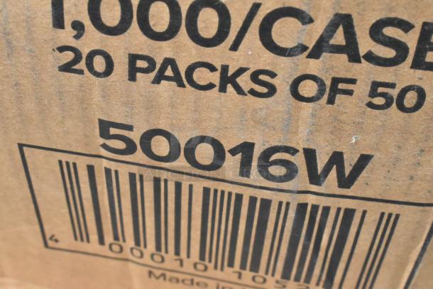 Cardboard box labeled "1,000/Case, 20 packs of 50," with barcode and code 50016W, indicating bulk packaging.