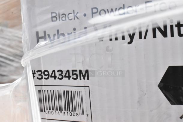 Box of black powder-free hybrid vinyl/nitrile gloves, marked "#394345M", bar code visible.