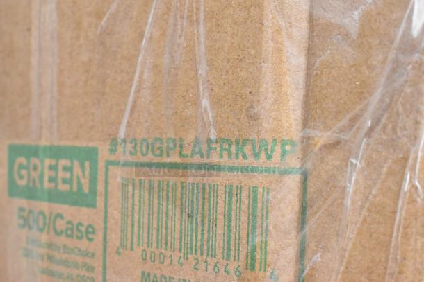 Cardboard box with visible plastic wrap, labeled "GREEN 500/Case." Barcode and code "#130GPLAFRKWP" are marked.