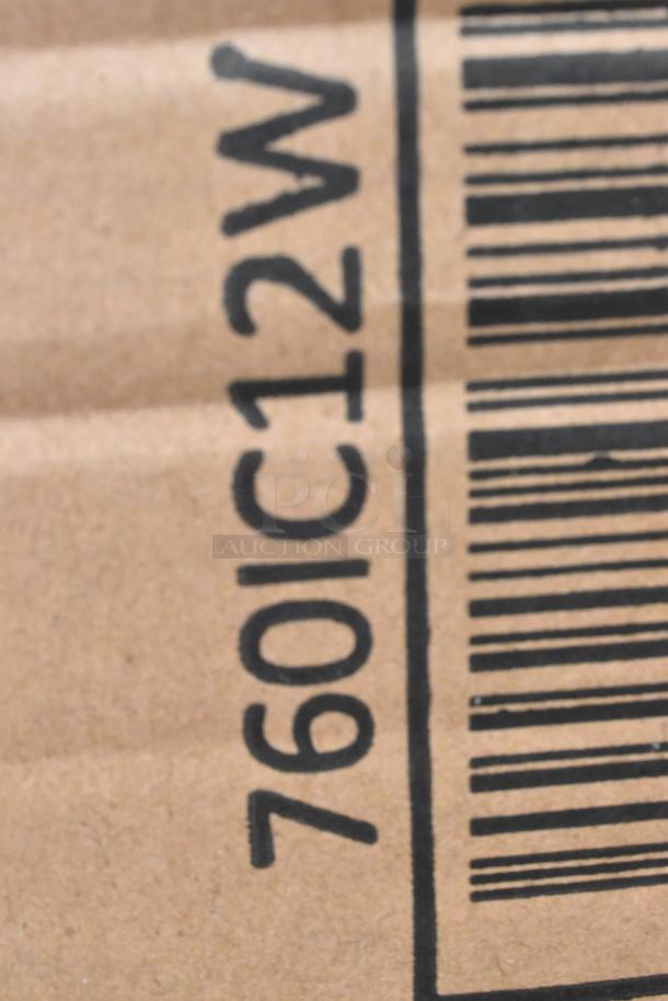 Close-up of cardboard with barcode and alphanumeric code "760IC12W" printed in black, indicating item identification.