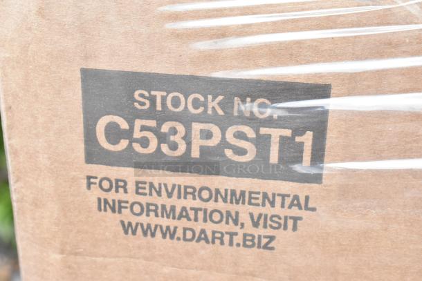 Cardboard packaging with "Stock No. C53PST1" printed, wrapped in plastic. Visit dart.biz for more info.