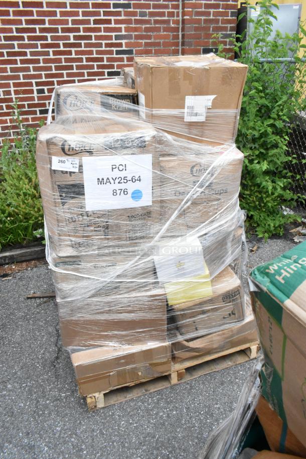 Pallet of boxes wrapped in plastic, containing disposable cups labeled "Brown Kraft." Tag reads "PCI MAY25-64 876."