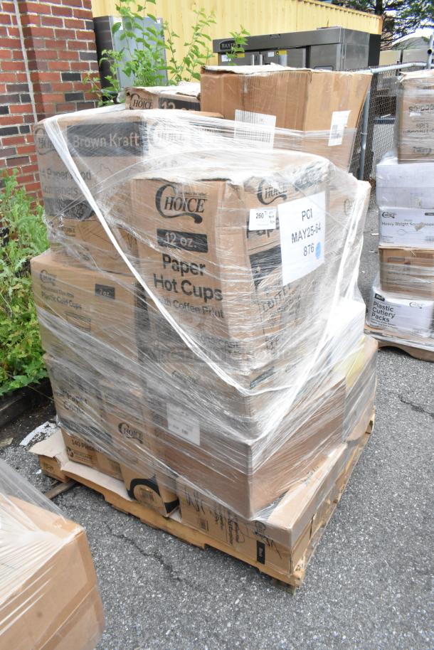 Pallet of boxed Choice brand paper hot cups, sealed in plastic wrap, labeling indicates 12 oz size, for auction.
