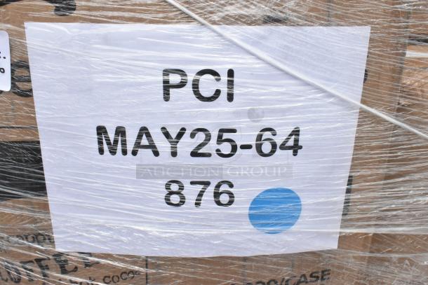 Clear plastic-wrapped package with label "PCI MAY25-64 876" and a blue dot, indicating lot information.