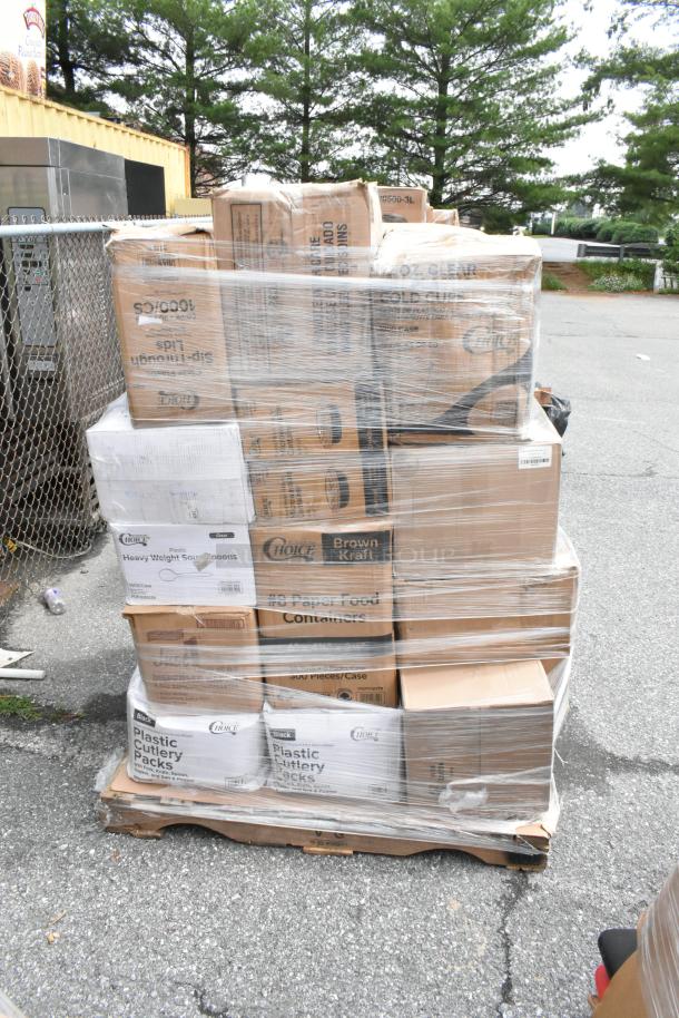 Pallet of assorted plastic cutlery and food containers, wrapped in plastic. Visible labels: Choice brand, Brown Kraft.