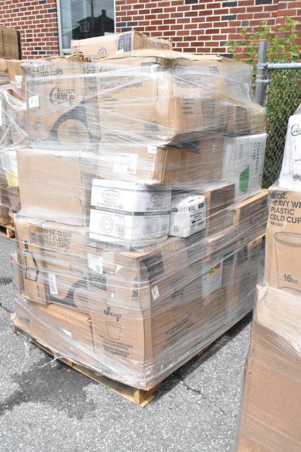 Pallet of assorted boxed plastic cups and plates, shrink-wrapped. Boxes labeled Choice and other brands. Good condition.