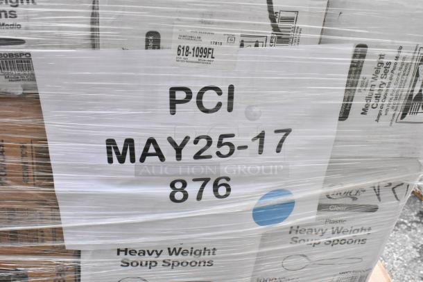 Pallet wrapped in plastic containing boxes of Choice Heavy Weight Soup Spoons. Visible label text: "PCI MAY25-17 876."