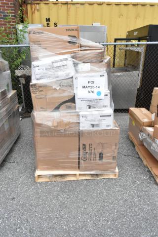 Pallet of boxed Chinet products including heavy weight plastic cold cups and medium weight cutlery sets, shrink-wrapped, labeled "PCI MAY25-14 876."