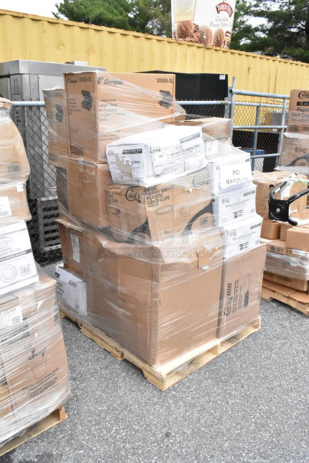 Pallet of assorted plastic cups and cutlery sets, in unopened boxes, shrink-wrapped; ideal for bulk purchase or event use.