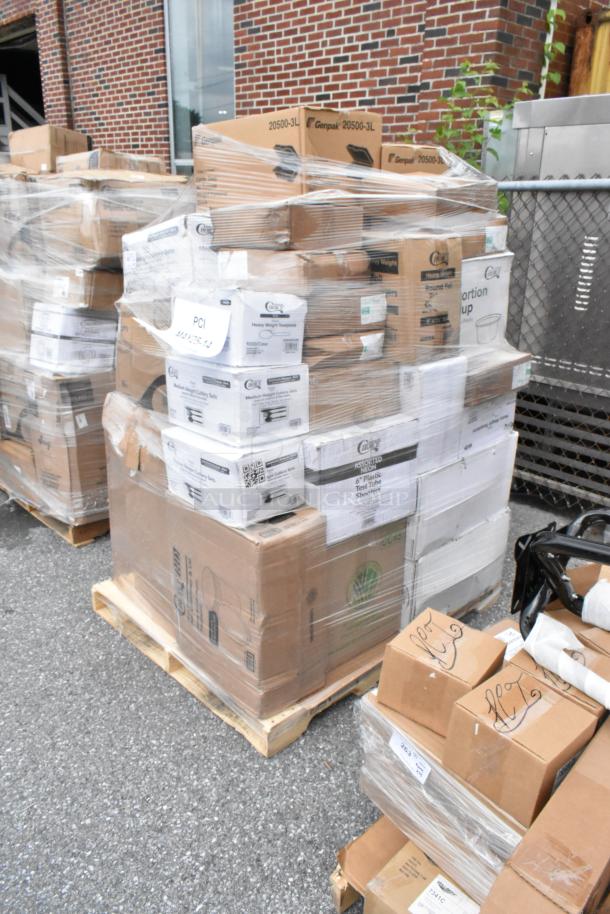 Pallet of boxed catering supplies, including Genpak and CCK brands. Boxes are shrink-wrapped, labels indicate heavy weight disposables and cutlery sets.