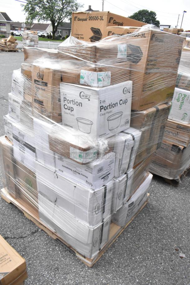 Pallet of assorted disposable food containers, including Genpak and Choice brand portion cups. Items are new and shrink-wrapped.