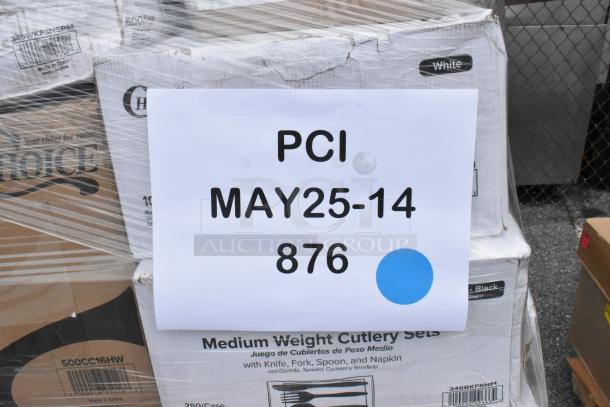 Pallet of "Choice" medium weight cutlery sets, 250 cases/box. Labeled "PCI MAY25-14 876" with visible packaging.