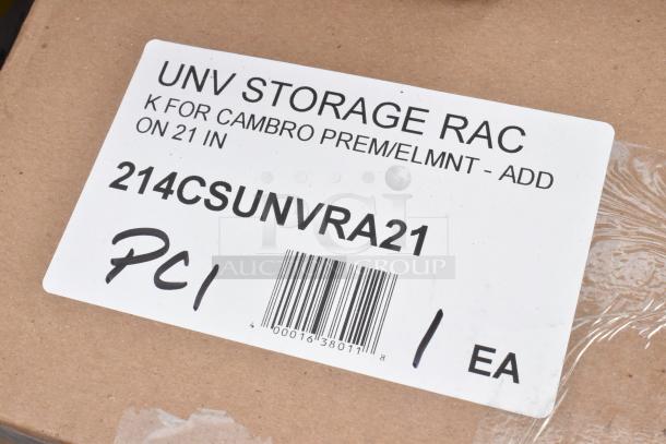 Label on box for UNV Storage Rac, model 214CSUNVRA21, fits Cambro Prem/Elmnt, for 21-inch unit. Barcoded, marked PCI.