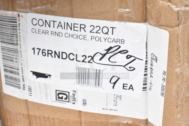 22-quart clear polycarbonate container, model 176RNDCL22, new condition, visible packaging and barcode, 9 units.