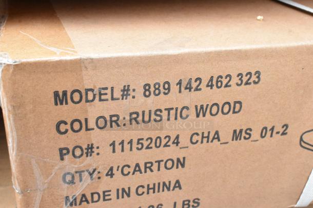 Cardboard box with "Model# 889 142 462 323," "Color: Rustic Wood," "Made in China," and "Qty: 4' Carton" printed on it.
