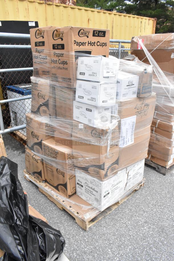 Pallet of boxed Choice 12 oz paper hot cups and 24 oz clear plastic cold cups, wrapped for shipping.