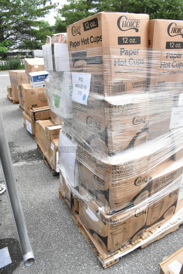 Pallet of boxed Choice brand paper hot cups, 12 oz. size, sealed in plastic wrap, labeled PCI MAY25-16, 876.