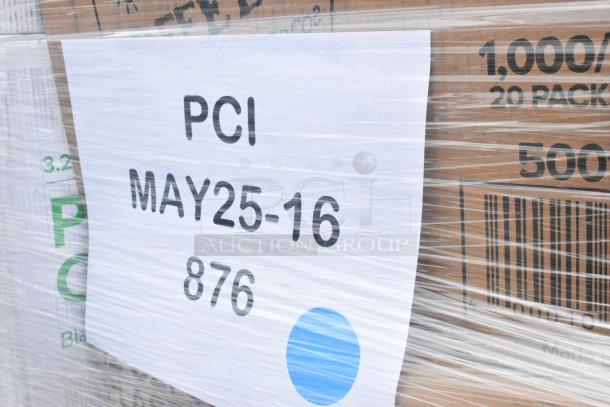 Stacked cardboard boxes wrapped in plastic, labeled "PCI MAY25-16 876," indicating shipment details.