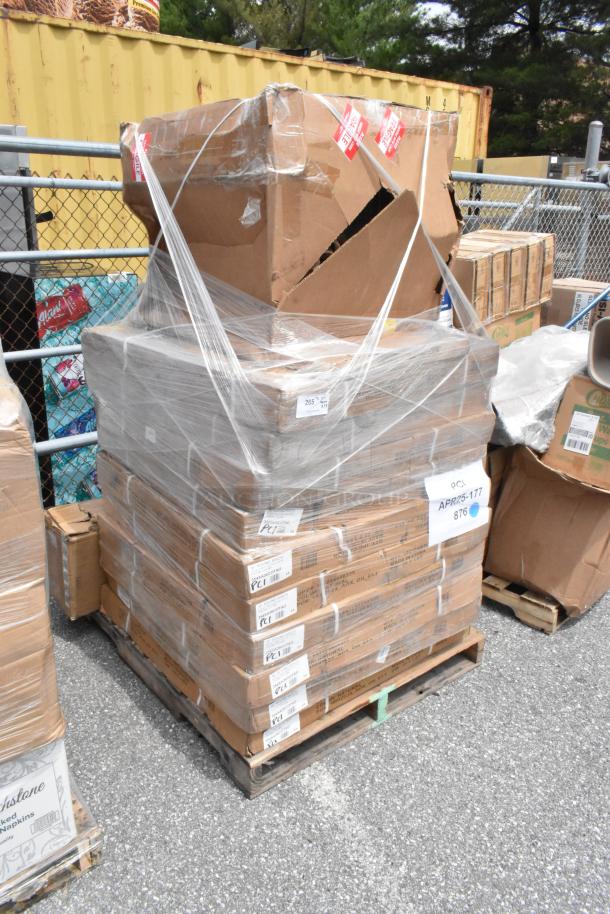 Pallet of assorted cardboard boxes wrapped in plastic, some damaged. Labels show "PCI" and lot number "APR25-177".