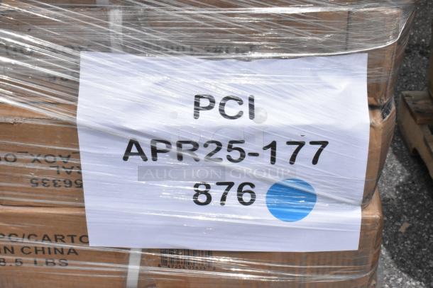 Shrink-wrapped pallet with label "PCI APR25-177 876", showing packaged boxes. Markings indicate origin and weight.