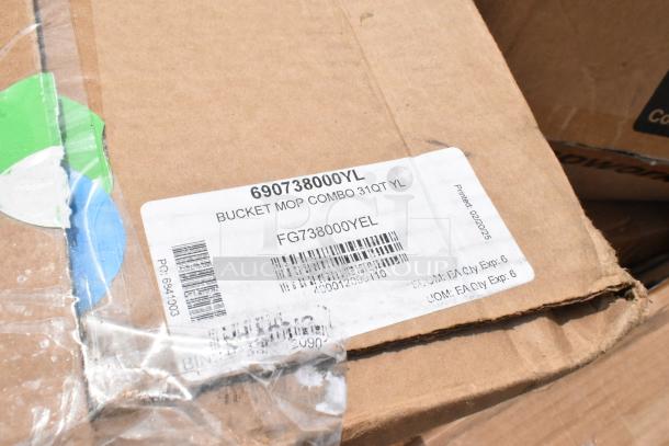 Cardboard box labeled "Bucket Mop Combo 31QT YL," model FG738000YL, with barcode and printed date 02/2025.