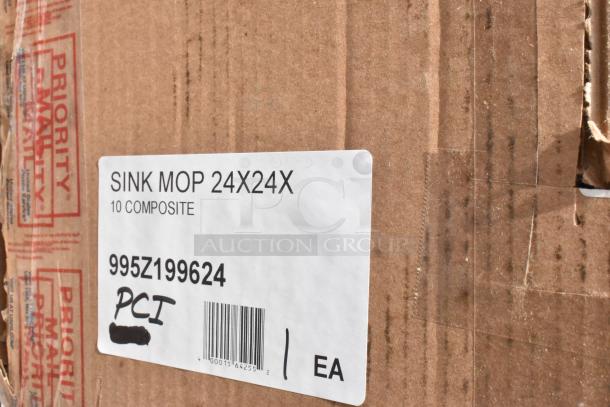 Cardboard box labeled "Sink Mop 24x24X, 10 Composite, 995Z199624, PCI." Box sealed with Priority Mail tape.
