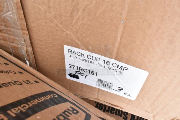 Cardboard box with a label marked "RACK CUP 16 CMP, 4-3/4" 4-3/8"DIA - TILT 1EXD BL, 271RC161, 3 EA".