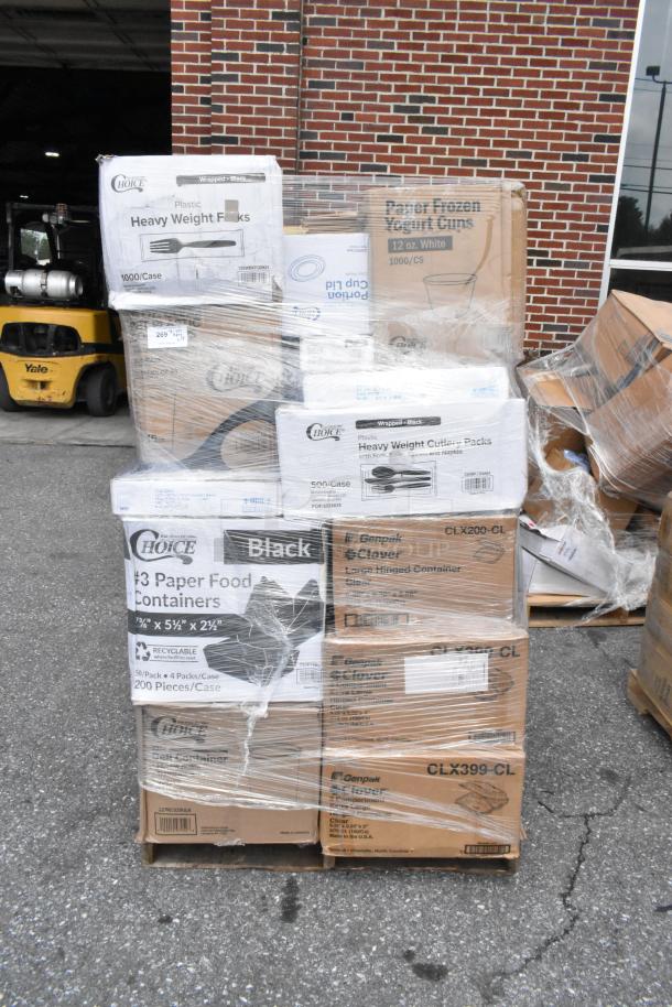 Pallet of assorted catering supplies including plastic cutlery, paper food containers, and frozen yogurt cups, wrapped for shipping.