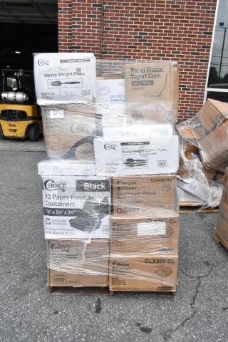 Pallet of assorted catering supplies including plastic cutlery, paper food containers, and frozen yogurt cups, wrapped for shipping.
