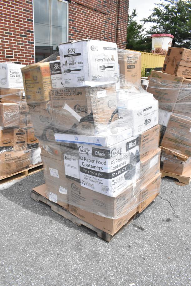 Pallet of Choice branded food containers and utensils in bulk, wrapped in plastic. Includes paper containers and plastic forks.