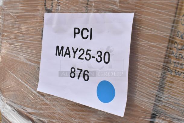 Pallet wrapped in plastic with a label reading "PCI MAY25-30 876" and a blue dot, indicating shipment details.