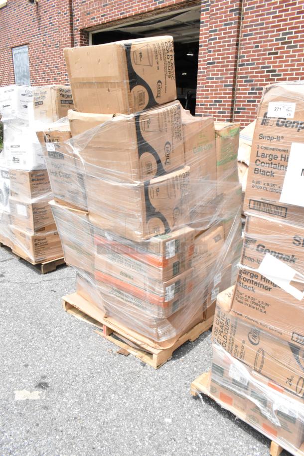 Pallet of boxed disposable cups and containers, wrapped in plastic. Boxes read "Genpak" and "Clover." New condition.