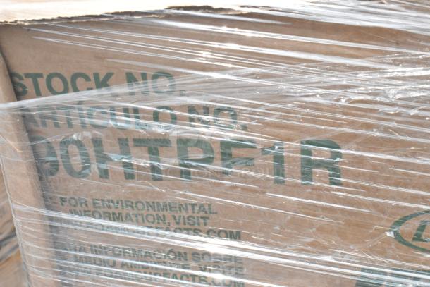Cardboard box wrapped in plastic with visible text: "STOCK NO." and "90HTPF1R." Instructions for environmental information included.