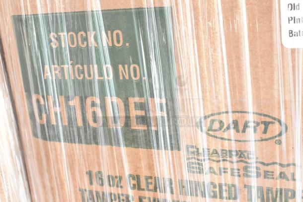 Cardboard box of Dart ClearPac SafeSeal containers, stock no. CH16DEF, 16 oz size, wrapped in plastic.