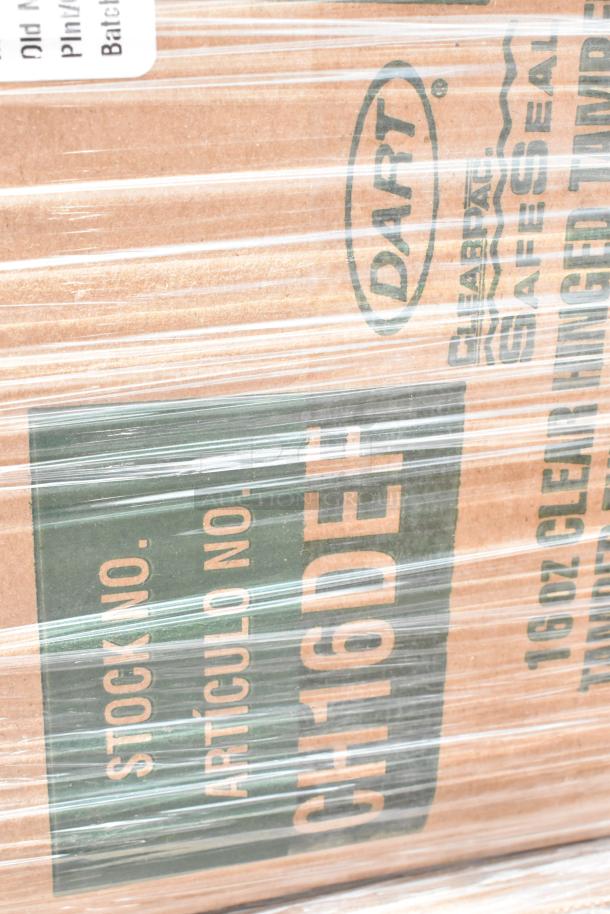 Box of Dart 16oz Clear Hinged Containers, stock number CH16DEF, wrapped in plastic for shipping.