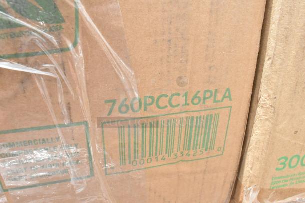 Close-up of a cardboard box labeled "760PCC16PLA" with a barcode. Text indicates commercial compostability.
